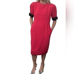 Vintage Katie Meg Red Button Back Dress Sz 9-10 Puff Sleeve Contrast Cuffs